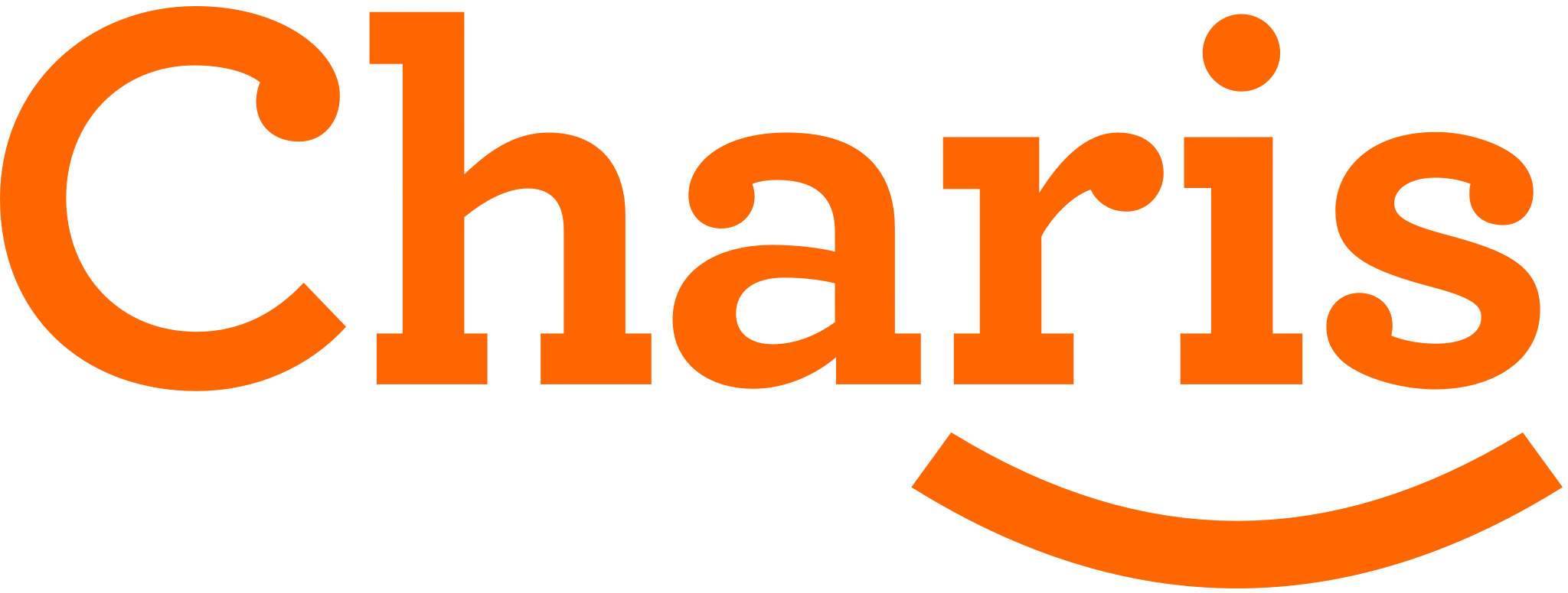 The image contains the word Charis in orange text. The letters C and is are larger, and there's a curved line resembling a smile below the ar.