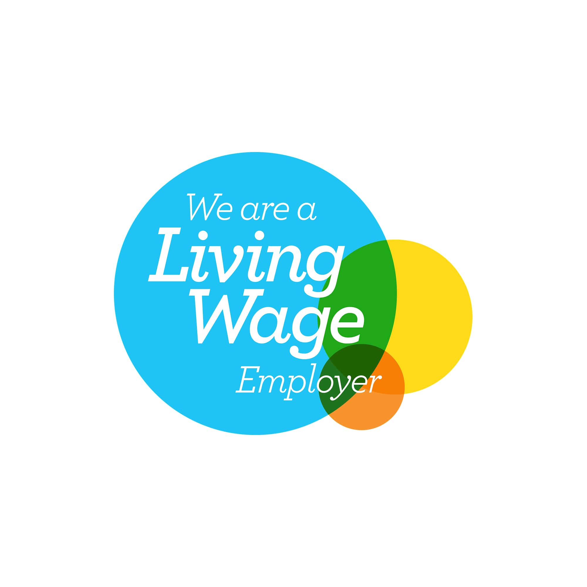 The image features a logo stating We are a Living Wage Employer. The design consists of overlapping circles in blue, green, yellow, and orange.