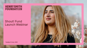 Shout! Webinar Thumbnail image of a woman in a pink graphic box with the title "Shout! Fund Launch Webinar".
